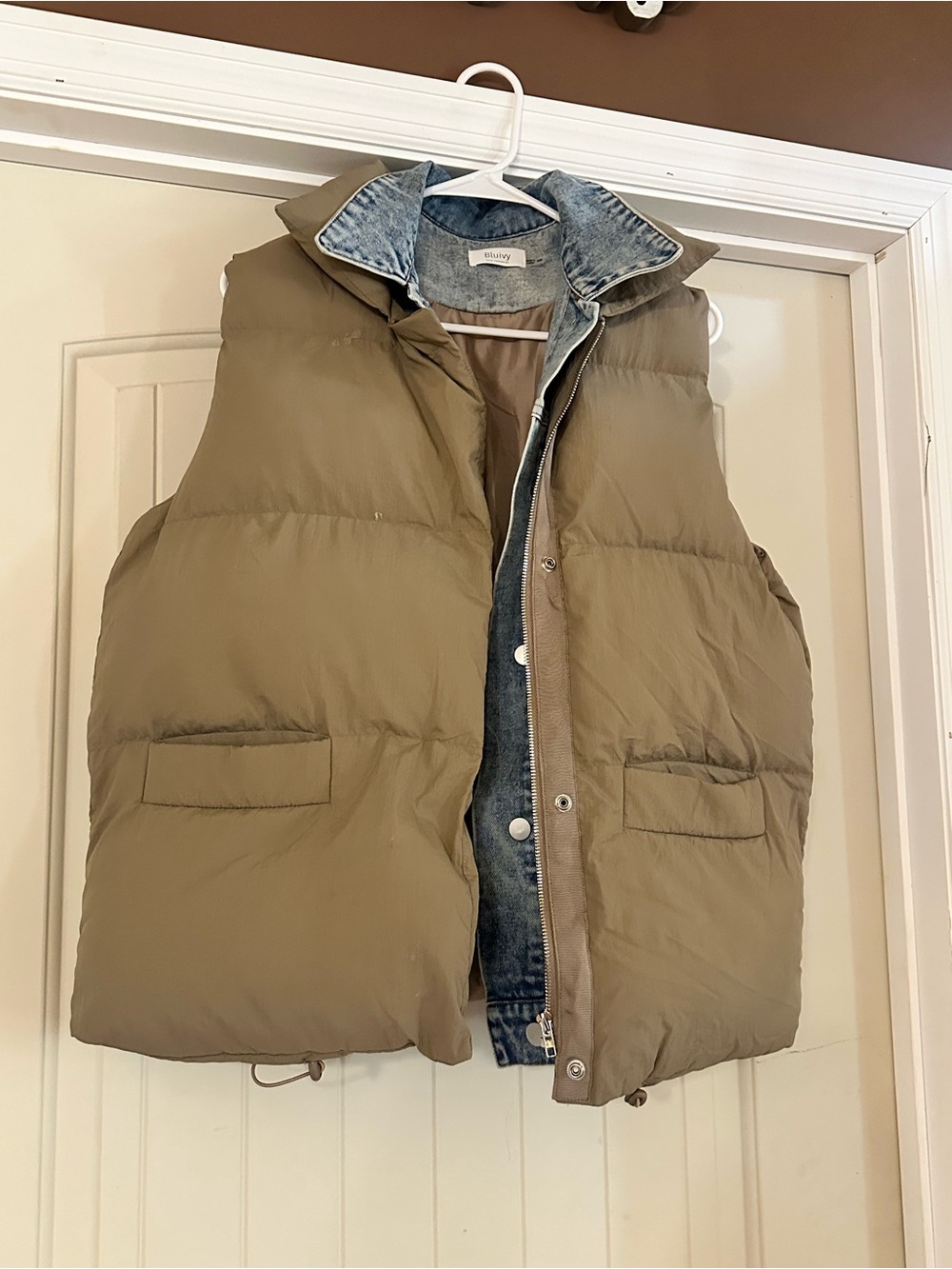 Bluivy Olive Khaki Puffer Vest with Denim-Look Collar